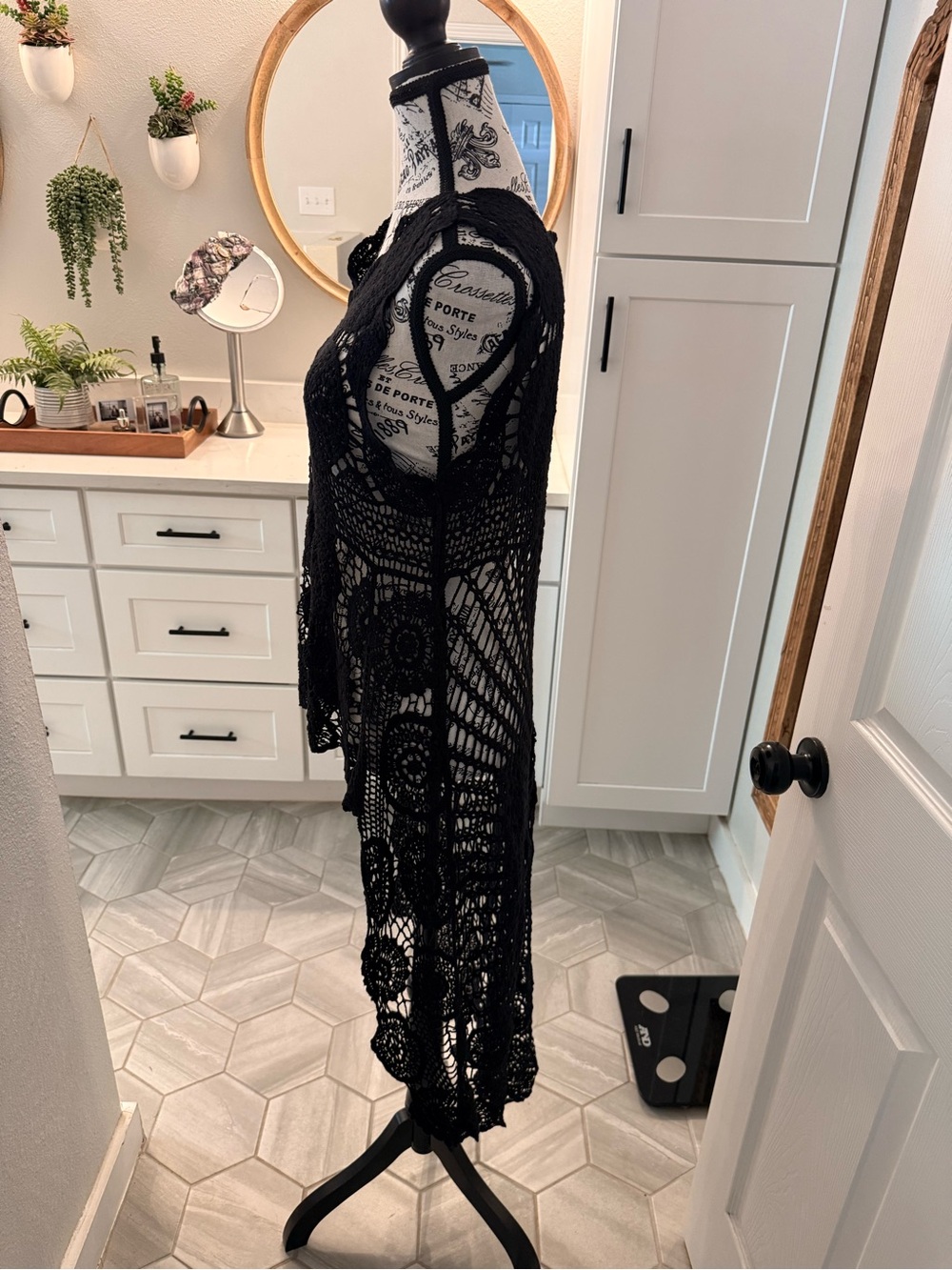 Black Crochet Duster Vest One Size 100% Cotton Boho Festival Cover-Up - Picture 3 of 4